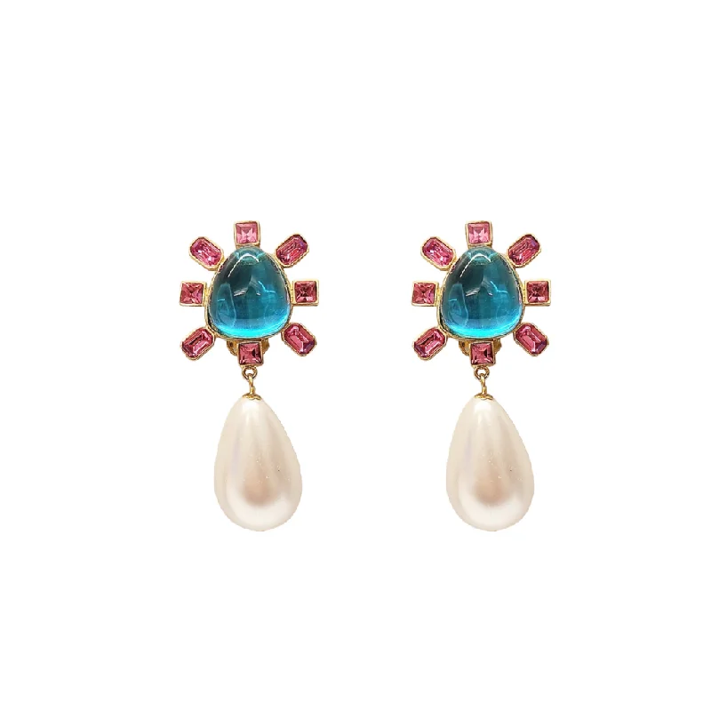 Pink and Aqua Cabochon Center Pearl Drop Clip Earring