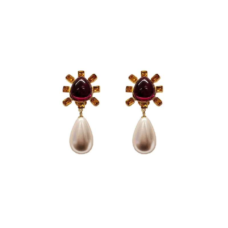 Topaz and Ruby Cabochon Center Pearl Drop Clip Earring