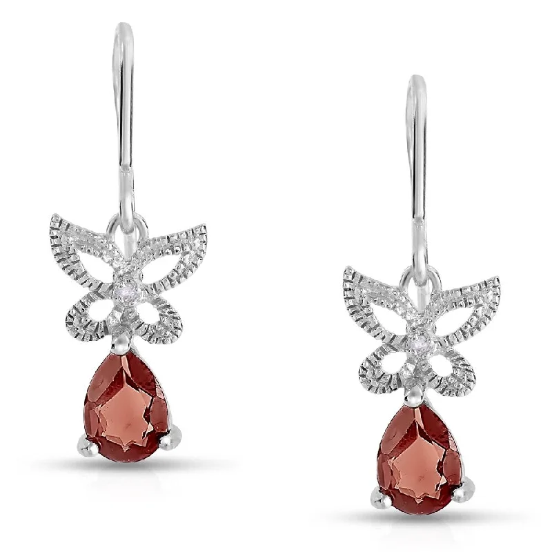 Dolce Giavonna Sterling Silver Garnet and Diamond Accent Butterfly Dangle Earring (I-J, I2-I3)