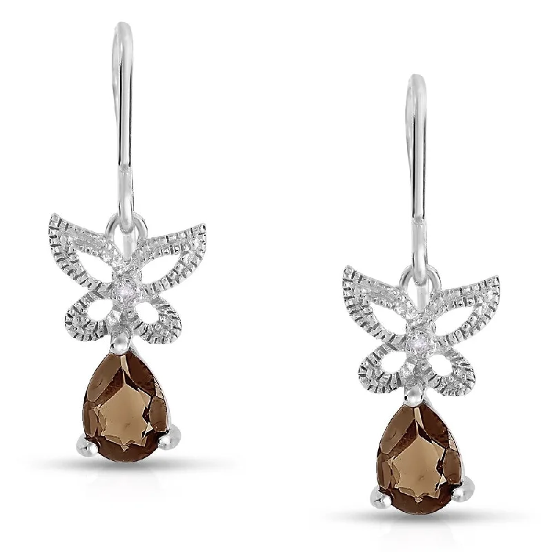 Dolce Giavonna Sterling Silver Smokey Quartz and Diamond Accent Butterfly Dangle Earring (I-J, I2-I3)