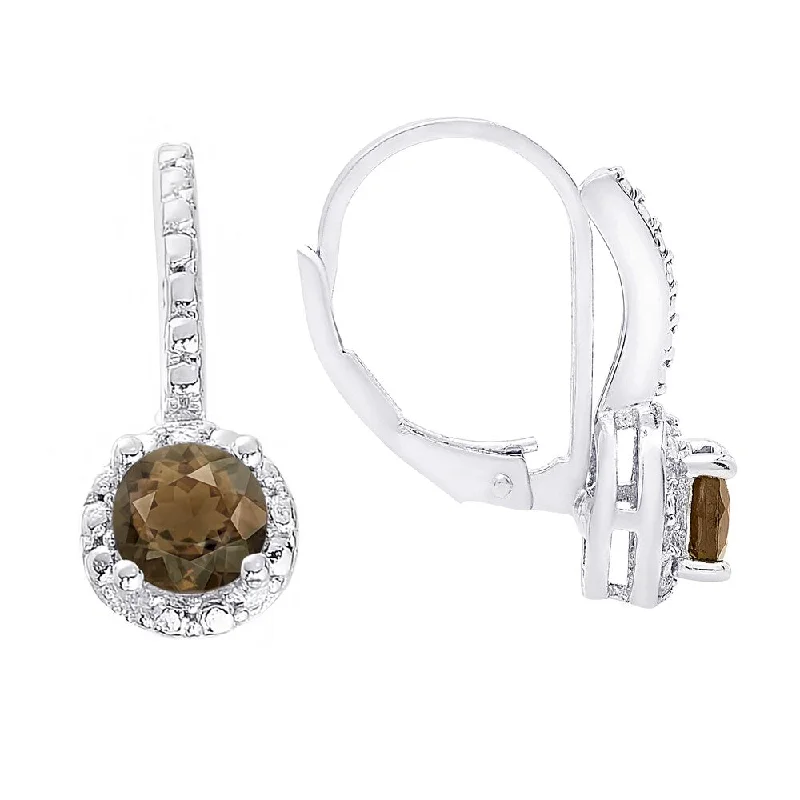 Dolce Giavonna Sterling Silver Smokey Quartz and White Topaz Leverback Earrings