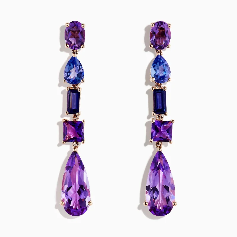 14K Rose Gold Iolite, Amethyst, and Tanzanite Earrings