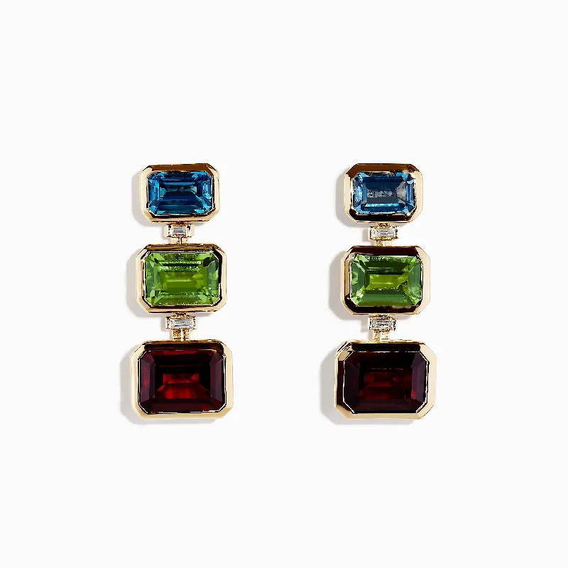 Mosaic 14K Yellow Gold Blue Topaz, Garnet, Peridot & Diamond Earrings