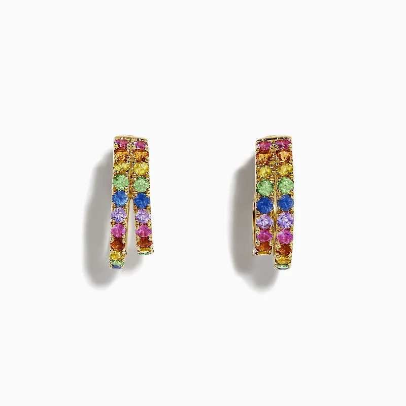 Watercolor 14k Yellow Gold Multi Sapphire Huggie Earrings