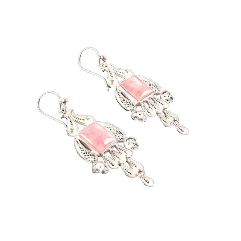 Handmade Sterling Silver Rose Quartz Pink Tulip Earrings (Peru)