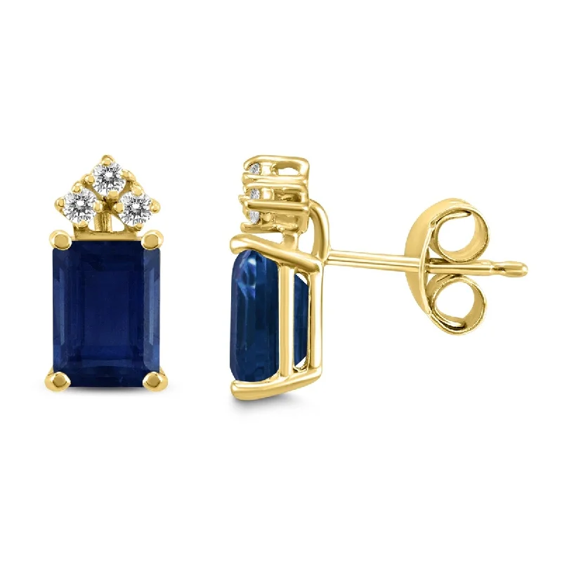 Marquee 14K Yellow Gold 6x4MM Emerald Shaped Sapphire and Diamond Earrings