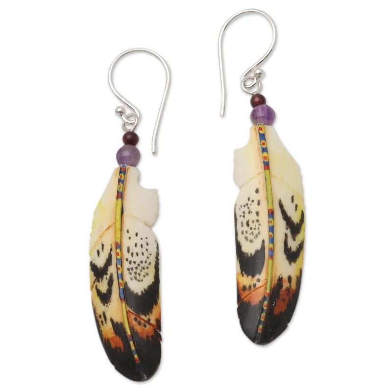 NOVICA Delightful Feathers, Bone and amethyst dangle earrings - 2.2*0.4