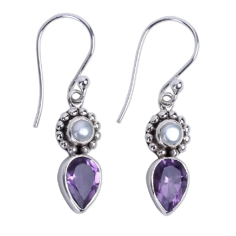 NOVICA Handmade Lilac Droplet Cultured Pearl Amethyst Earrings (India) - 1.4*0.3