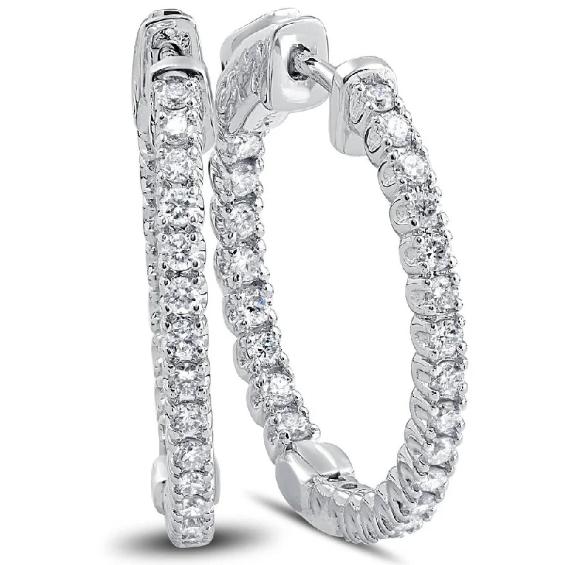 Pompeii3 14k White Gold 1 1/4 ct TDW Diamond Inside Outside Hoops Womens Earrings 1" Tall