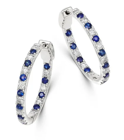 Round Shape Sapphire and Diamond Medium Hoop Earrings in 18K White Gold (4.70ctw)