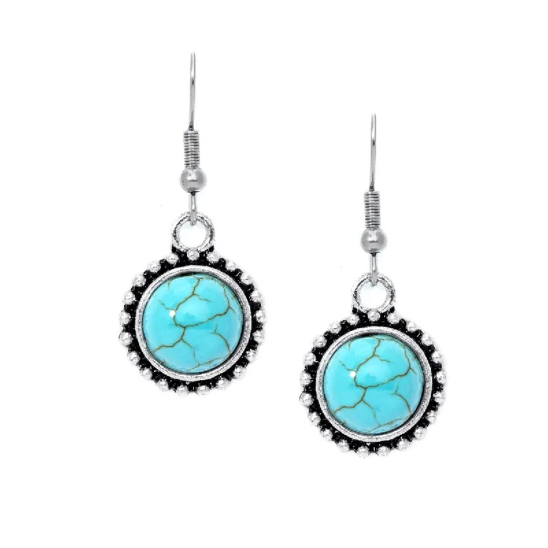 Silver Plated Round Simulated Turquoise Wire Earrings