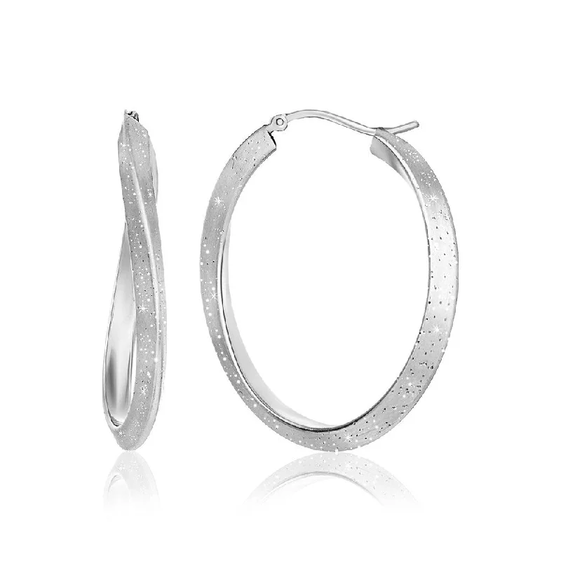 Sterling Silver Diamond Dust Twist Oval Shape Hoop Earrings