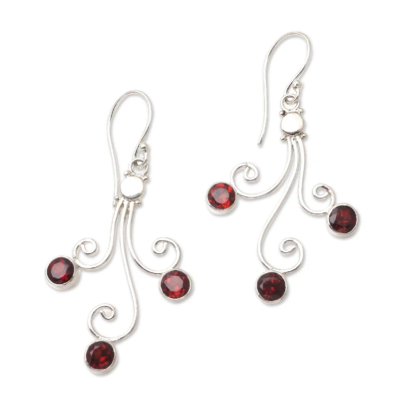 Sterling Silver Pomegranate Trio Garnet Drop Earrings (Indonesia)