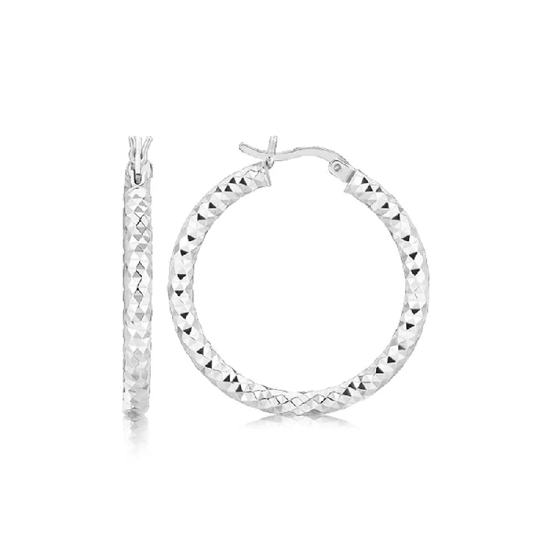 Sterling Silver Rhodium Plated Faceted Style Medium Hoop Earrings