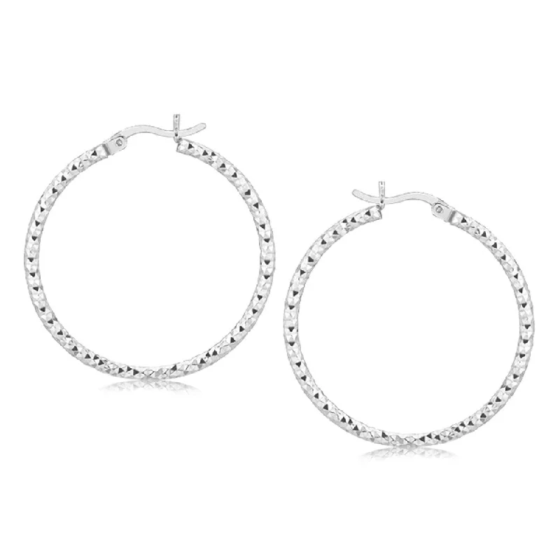 Sterling Silver Rhodium Plated Woven Style Polished Hoop Earrings