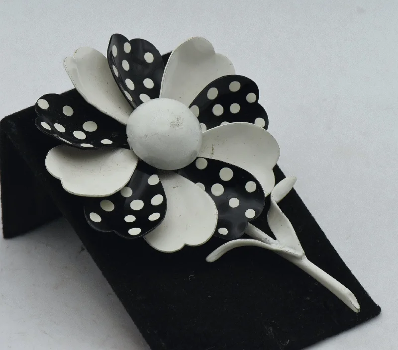 Vintage White and Black Polka Dot Painted Metal Flower Brooch