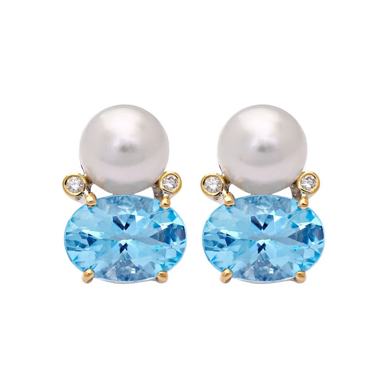 Earrings- Blue Topaz, South Sea Pearl and Diamond