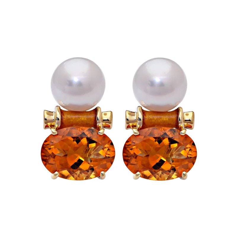 Earrings- Citrine and South Sea Pearl (Enamel)