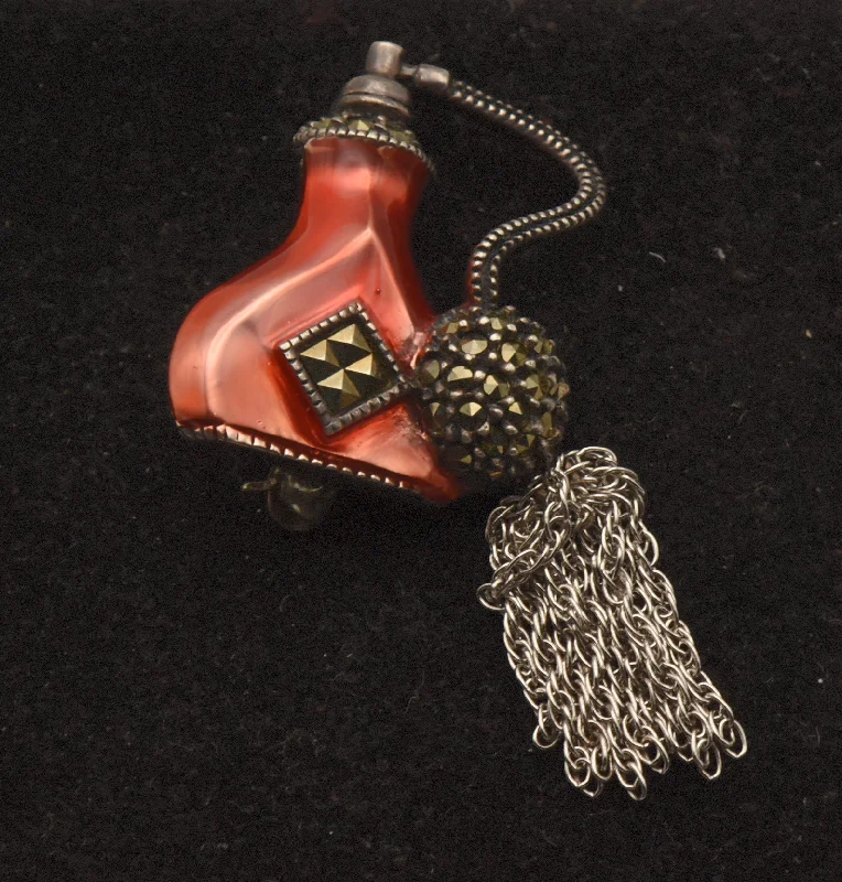 Judith Jack - Vintage Sterling Silver Enamel and Marcasite Perfume Atomizer Brooch